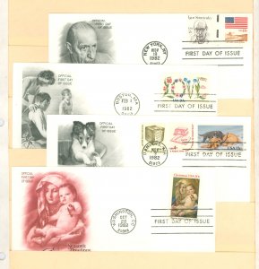 US 1845/1951/2025/2026 1982 4 different FDCs. U/A. Artcraft cachets. Igor Stravinsky. Love. Our Best Friends. Christmas.