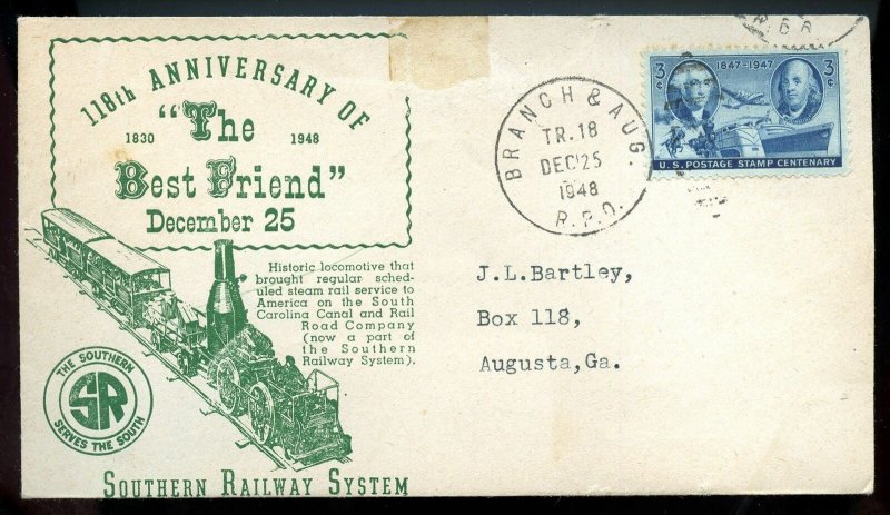 U.S. Scott 947 On Branch & Augusta RPO Best Friend Railroad Event Cover