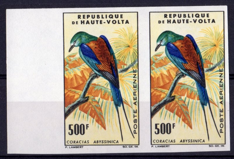 Upper Volta 1965 Sc#C20 BIRD (Abyssinian roller) PAIR IMPERFORATED MNH