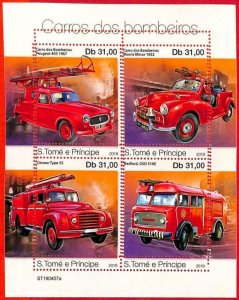 A3187- SAO TOME & PRINCIPE, ERROR MISSPERF Miniature s: 2019 Fire Trucks/Engines