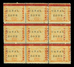 CANAL ZONE (US) 1904 Map of Panama Ovpt. 10c yellow Sc#13d mint MH/NH BLOCK of 9