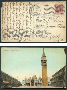 1913 Postcard - Venice, Italy to Brooklyn, New York USA - Forwarded to Stamford