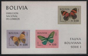 Bolivia 1970 MNH Sc 525a Butterflies Imperf Sheet of 3