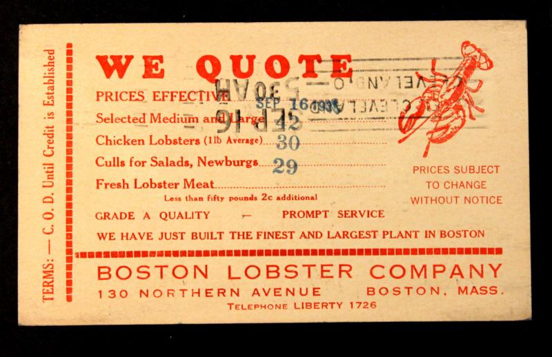 US Postal Card #UX27 Preprinted with 1935 Boston Lobster Company Current Rates