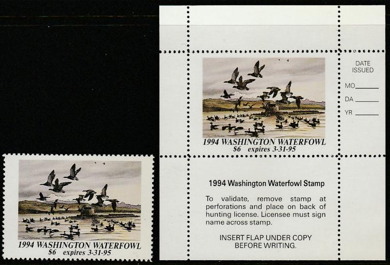 U.S.-WASHINGTON 10, STATE DUCK HUNTING PERMITSTAMP + PANE OF 1. MINT, NH. VF