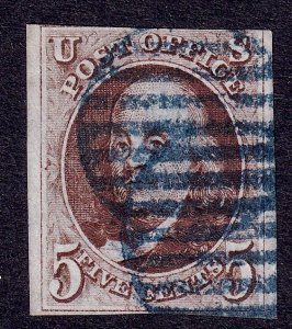 US Scott 1, 1847 Franklin, 5c red brown, FINE USED