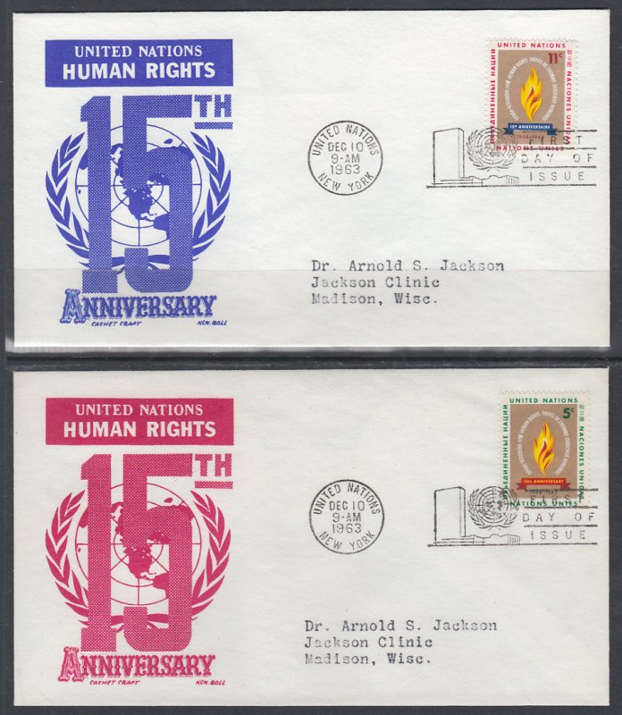 UN New York 121-122 Human Rights Cachet Craft Boll Typed Set of Two FDC