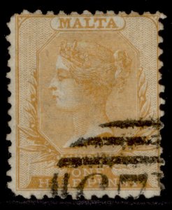 MALTA QV SG15, ½d yellow orange, FINE USED. Cat £180.