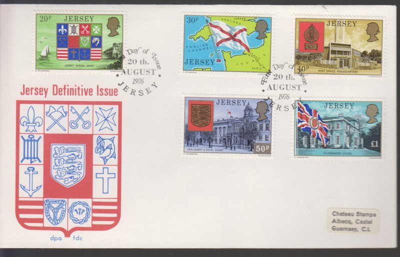 Jersey 1976 Parish Arms & Views 5 H'values, 20p - 100p. on FDC