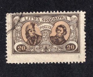 Central Lithuania 1921 20m brown olive & buff, Scott 42 Perf 13.5 Variety used