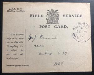 1917 Canadian Field Post Postcard Cover To APO S37 WWI