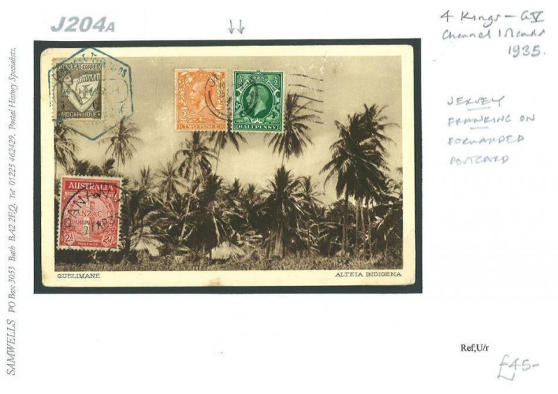 J204a 1935 GB JERSEY PORTUGAL AUSTRALIA Combination Franking Quelimane Postcard