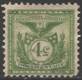 PHILIPPINES 4c green Documentary Revenue stamp, Used F, light cancel