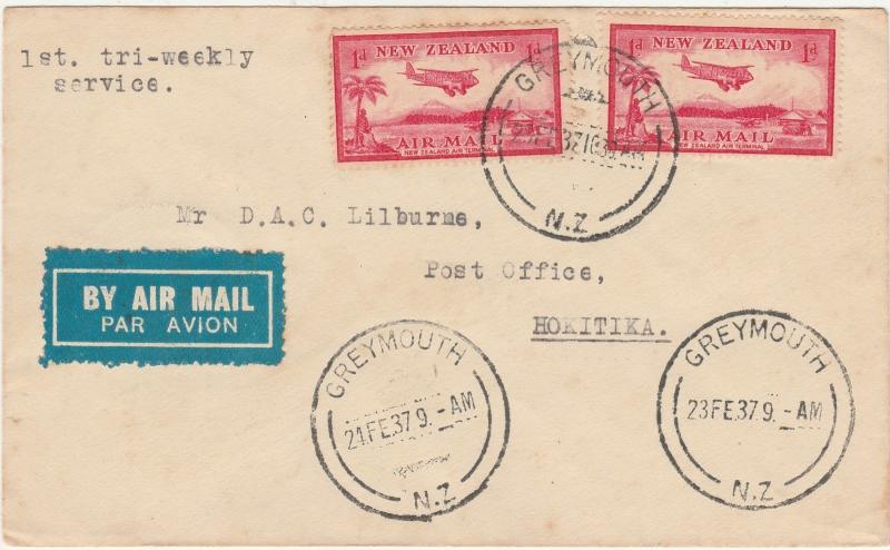 NEW ZEALAND 1937 1ST TRI WEEKLY AIRMAIL SERVICE GREYMOUTH HOKITIKA 