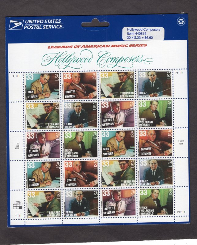 3344a Hollywood Composers, sheet/20 MNH