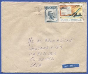CUBA  1990 10c Rocket + 40c Crocodile stamps, Airmail cover to Florida USA
