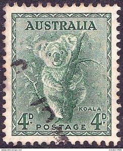 AUSTRALIA 1938 KGVI 4d Green Perf 13.5 x 14 SG170 FU