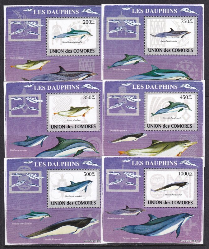 Comoros 2009 Fish Dolphins 6 S/Sheets Deluxe Edition MNH