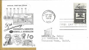1958 FDC, #1119, 4c Freedom of the Press, Univ. of MO School of Journalism