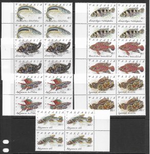 Tanzania 816-22 MNH Fish set cpl. set in block of 4 format, vf. 2022 CV $43.20