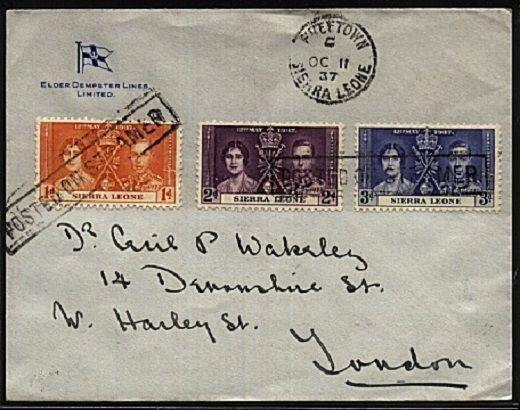 SIERRA LEONE 1937 cover POSTED ON STEAMER..................................19311