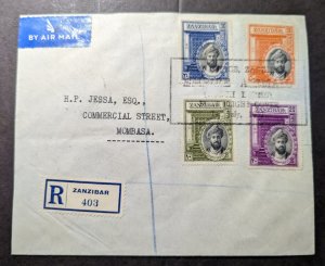 1937 Registered Zanzibar Airmail Cover Zanzibar to Mombasa Kenya British KUT