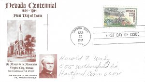 1964 FDC, #1248, 5c Nevada Statehood, The Church of the Stamp w/insert