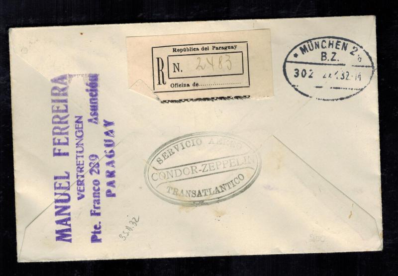 1932 Paraguay Graf Zeppelin Cover to Munich Germany LZ 127 