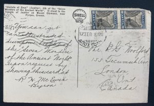 1938 Greece Picture Postcard Cover To London Canada Statue Of Zeus