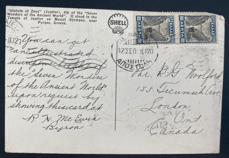 1938 Greece Picture Postcard Cover To London Canada Statue Of Zeus