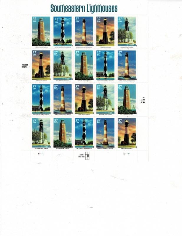 Southeastern Lighthouses 37c US Postage Sheet VF MNH #3787-91