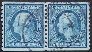 U.S. Used #496 5c Washington Coil Pair, XF. CDS Cancel. A Gem!