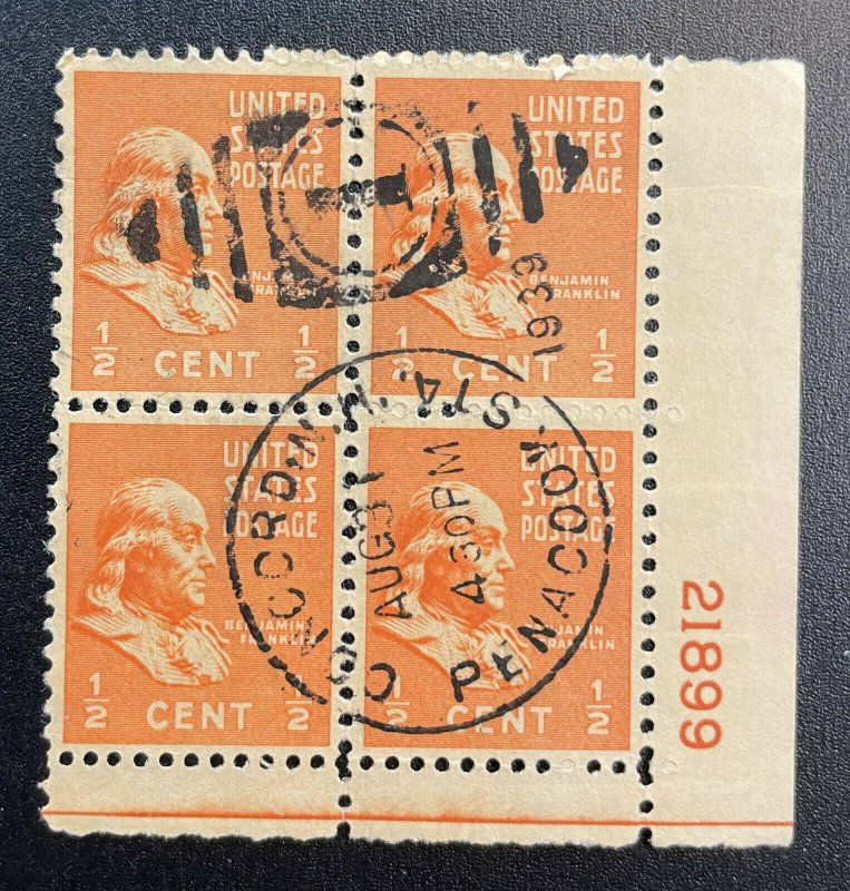 United States #803 Used -Corner block of 4 w/P21899 w/Fancy Cancel (1938) [R517]