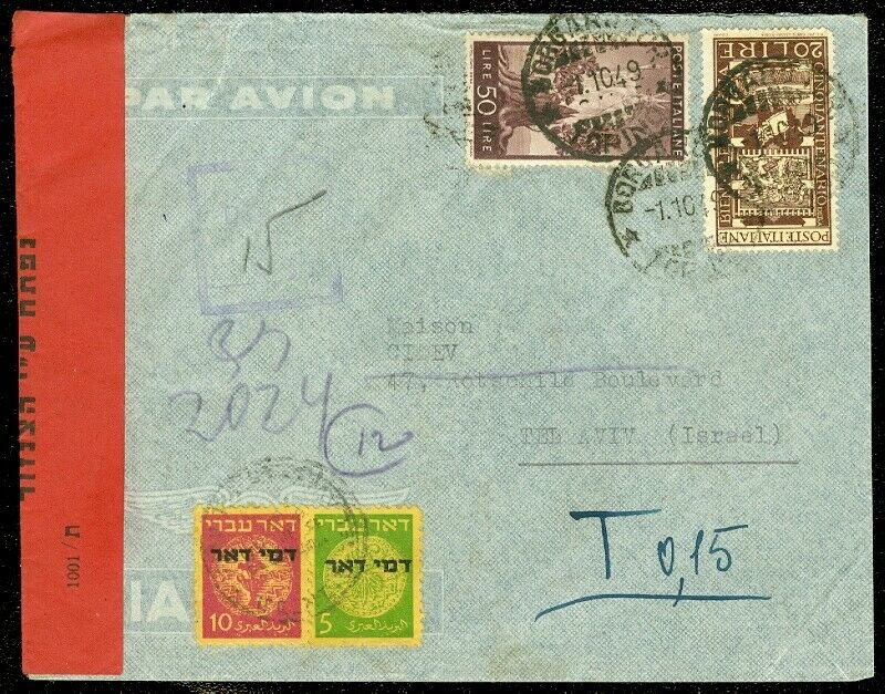 EDW1949SELL : ISRAEL 1949 Air Mail Forwarded Censored cover to Tel Aviv.