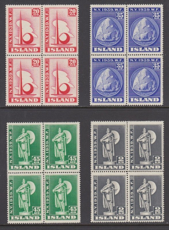 Iceland Sc 213-216 MNH. 1939 New York Worlds Fair, choice blocks of 4, fresh, VF 