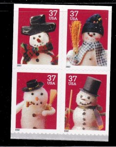 US 3684-3687, MNH Block of 4 From Booklet, Stamps on Both Sides - Christmas 2002