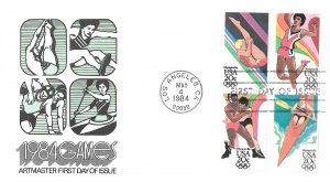 1984 FDC, #2085a, 20c Olympic Games, Artmaster, block of 4