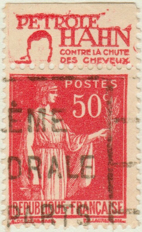 FRANCE - 1933 pub HAHN (contre la chute des cheveux) /Yv.283 50c Paix t.I (A2)