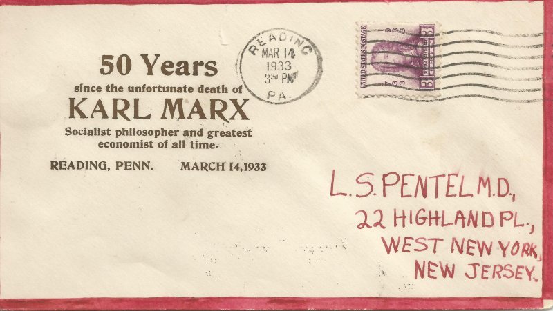 Karl Marx 50 years death Smith cachet Reading, PA 3-14-33 !#3