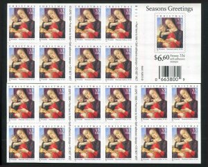 1999 Scott 3355 Holiday Christmas Madonna & Child 33¢ Booklet of 20