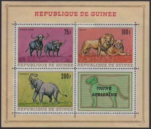 Guinea 1968 MH Sc 518a Water buffalos, Lions, Elephant Sheet of 3 plus label