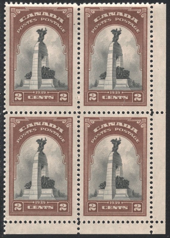 Canada SC#247 2¢ National War Memorial, Ottawa Corner Block of Four (1939) MNH