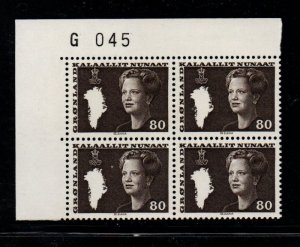 Greenland Sc 121 1980 80 ore Queen stamp number block of 4 mint NH