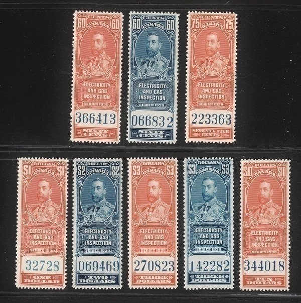 Canada 1930 King George V, Old Revenue (8v to $10) MNH