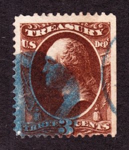 US O74 3c Treasury Department Official Used w/ Blue Cancel F-VF (002)