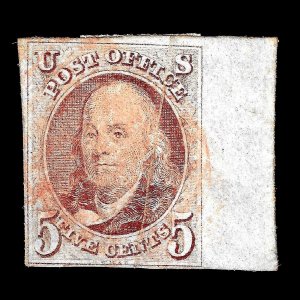 WCstamps: U.S. Scott #1 / 5c Paper Fold EFO, VF, Used, 2024 Crowe Cert / CV $425