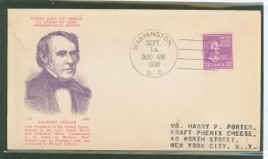 US 817 1938 12c Zachary Taylor (part of the presidential/prexy series) single on an addressed (stencil) first day cover with a H