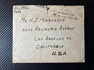 1946 Dutch East Indies Prisoner of War POW Airmail Cover Sumatra to CA USA