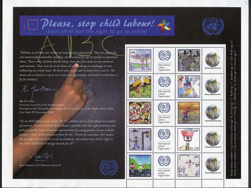 UNITED NATIONS 2010 CHILD LABOUR   PERSONALIZED SHEET OF 20 MINT NH