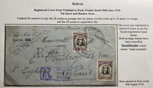 1910 Trinidad Bolivia Registered Cover To Paris France Via Sucre Buenos Aires